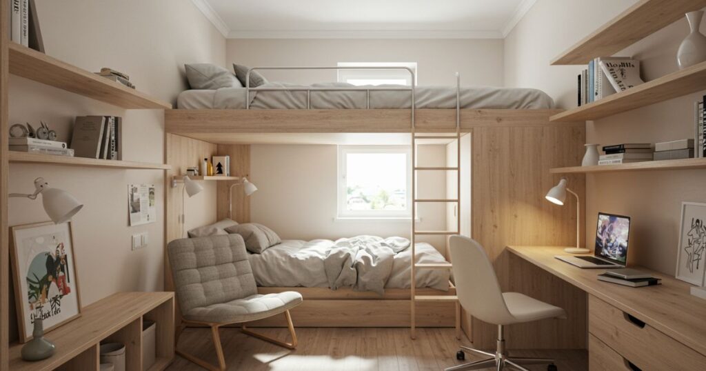 Compact Bedroom with Lofted Bed and Workspace