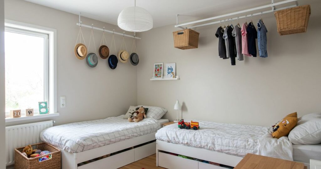 Ceiling Storage with Hanging Baskets and Seasonal Clothing in Shared Bedroom