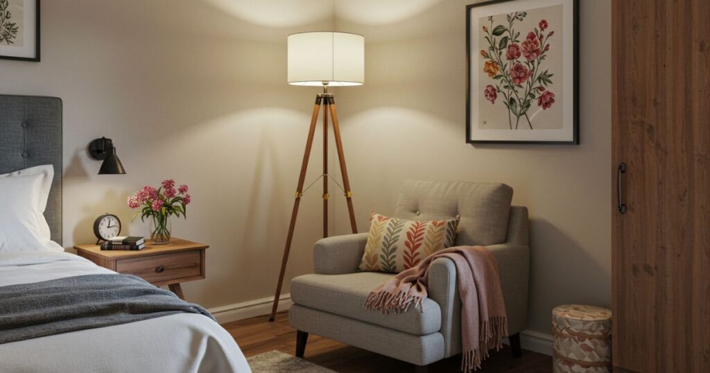 Cozy Lounge Area with Plush Armchair and Soft Textiles in a Chic Bedroom