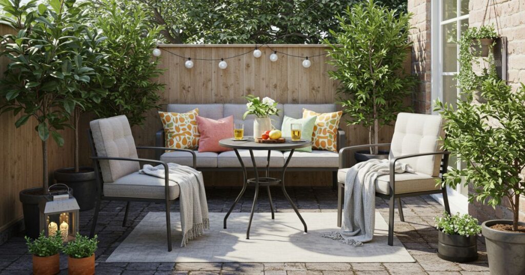 Cozy outdoor seating area with colorful cushions, a bistro table, and surrounding greenery