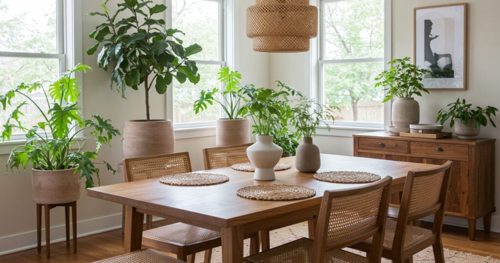 Dining Room with Indoor Plants and Natural Wood Elements