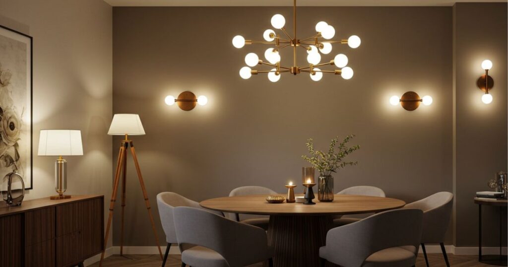 Elegant Dining Room with Chandelier and Ambient Lighting