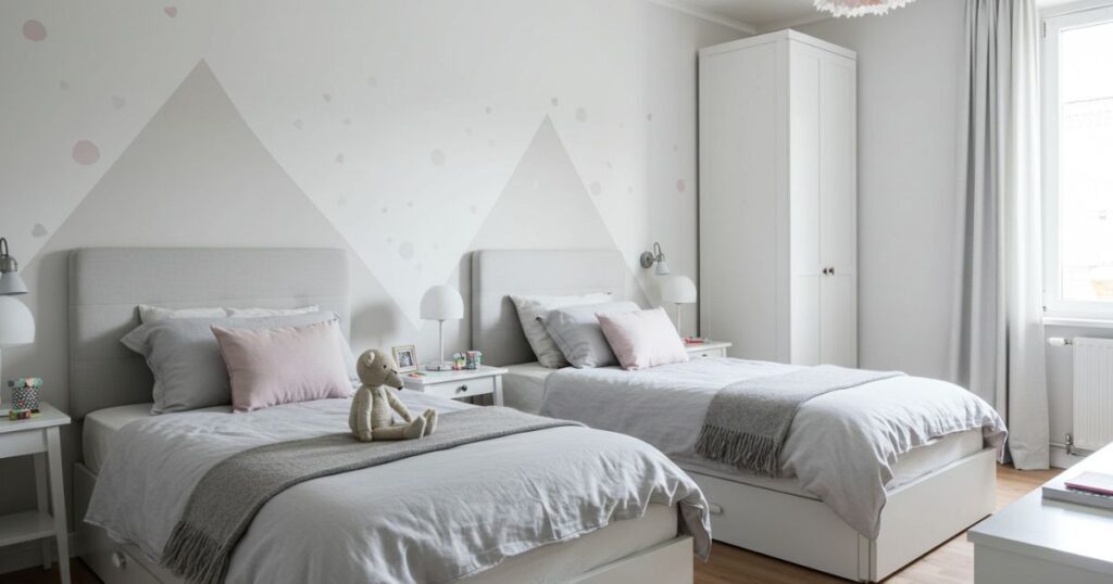 Light and Airy Shared Bedroom with Soft Whites, Grays, and Pastel Accents