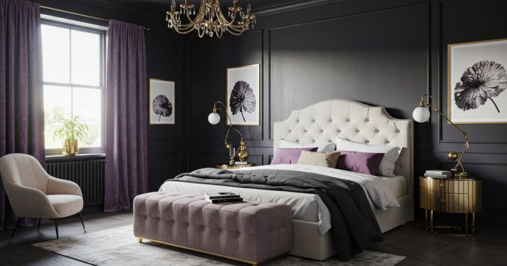 Luxurious Velvet and Satin Bedding with Textured Throw Pillows in a Chic Bedroom