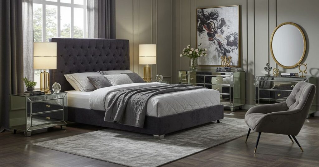 Modern Velvet Bed Frame and Mirrored Furniture in a Chic Bedroom