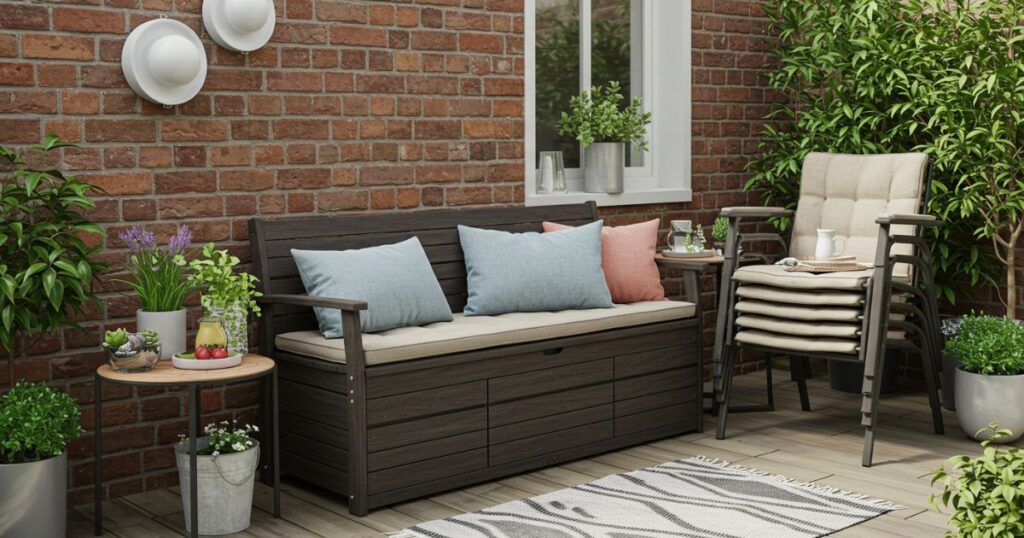 Multi-purpose furniture like a storage bench and stacking chairs optimizing a small patio