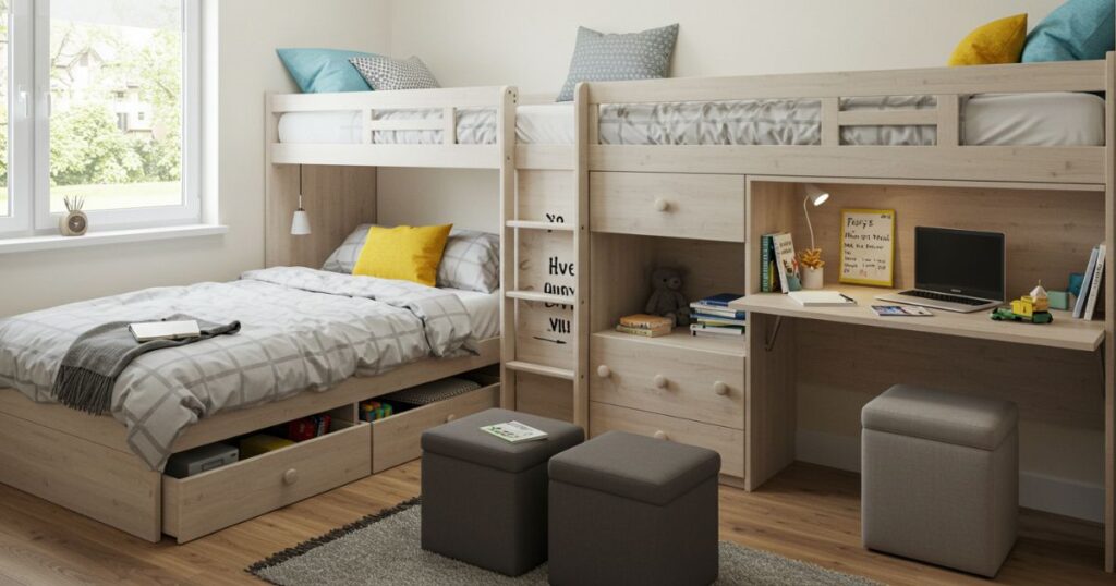 Multifunctional Bunk Bed with Built-In Storage and Fold-Out Desk in Shared Room