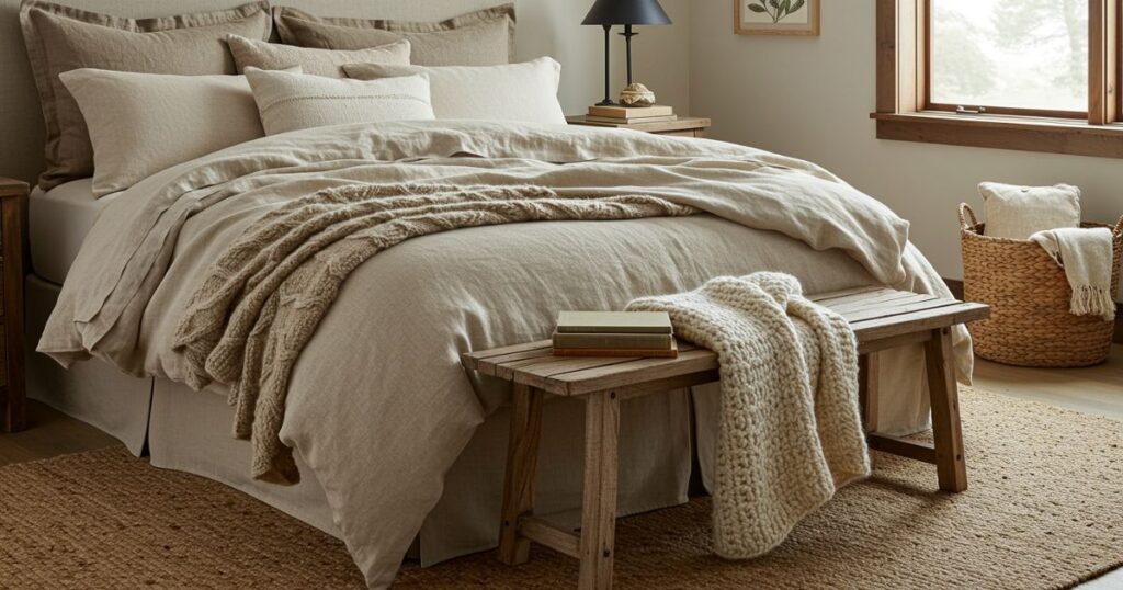 Natural Linen Bedding and Wool Textures in Rustic Western Bedroom