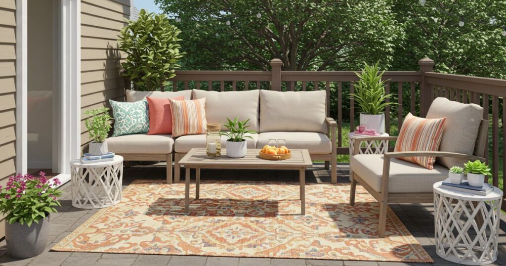 Outdoor rug adding color and warmth to a small patio seating area