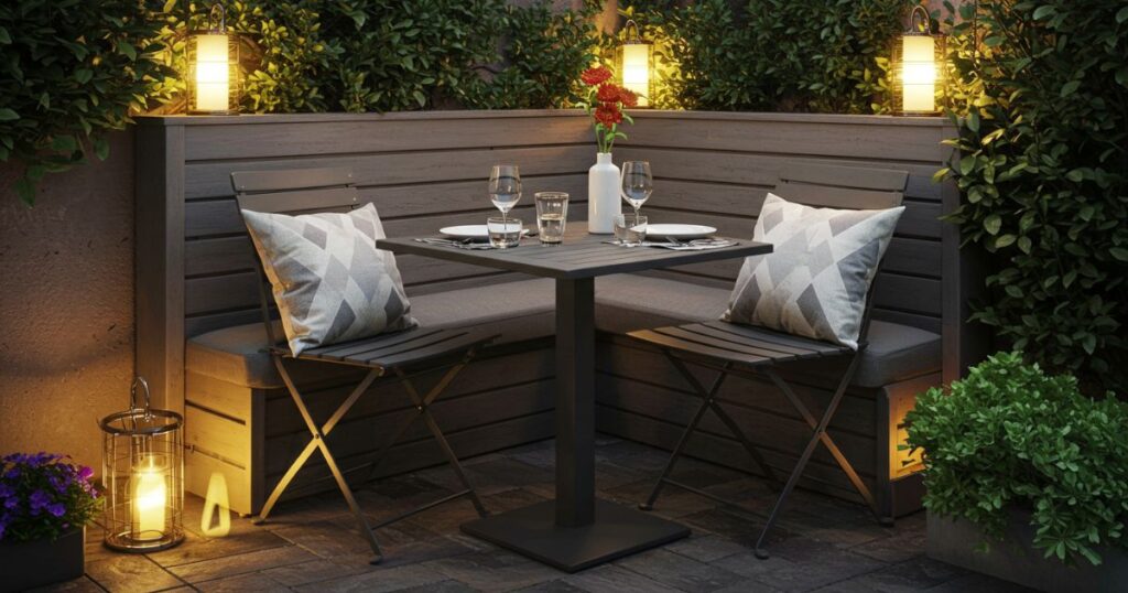 Patio illuminated by string lights, lanterns, and candles for a cozy evening ambiance
