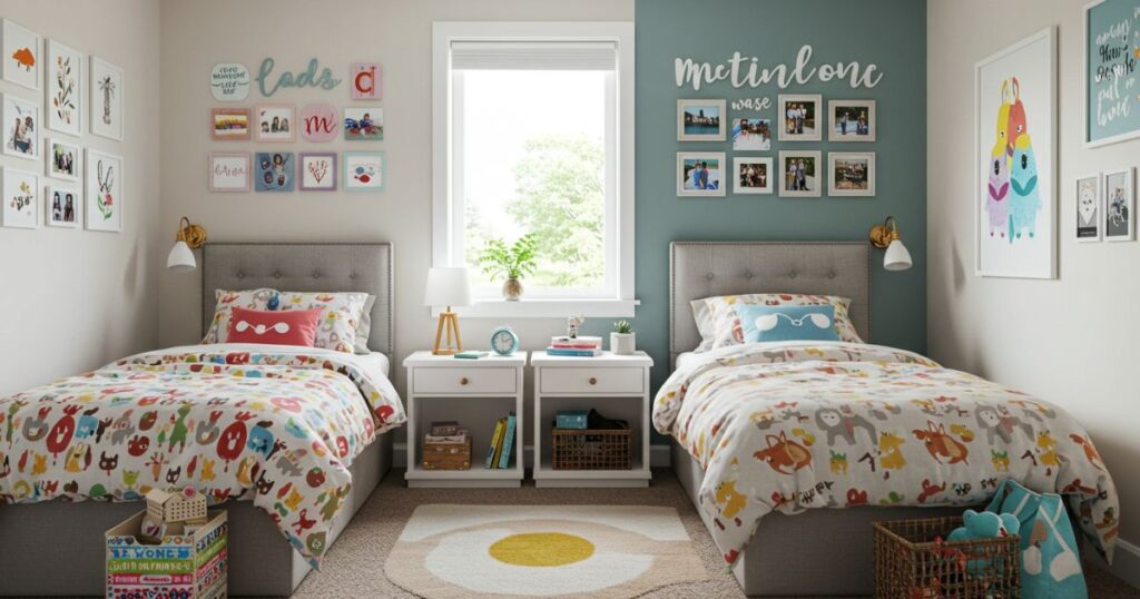 Personalized Shared Bedroom with Distinct Bedding and Decorative Accessories