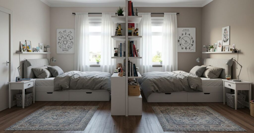 Separate Zones in Shared Bedroom with Room Divider and Individual Decor