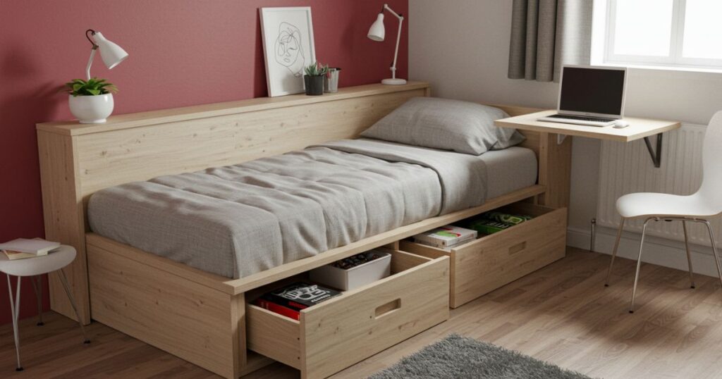 Small Bedroom with Multi-Functional Furniture Like a Storage Bed and Fold-Out Desk