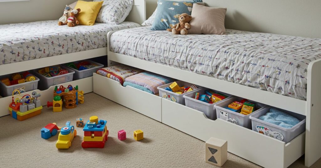 Under-Bed Storage for Toys and Clothes in Tidy Shared Bedroom