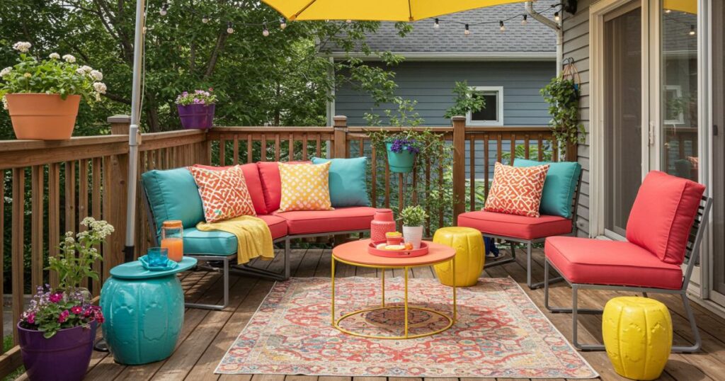 Vibrant small patio with colorful cushions, a patterned rug, and mixed textures
