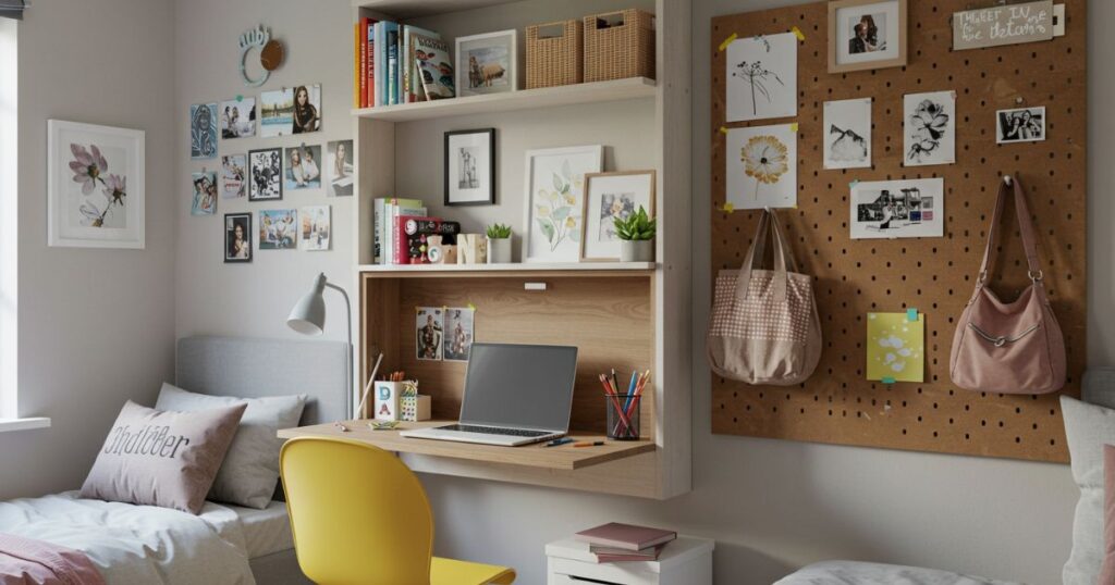 Wall-Mounted Desk and Floating Shelves for Storage in Shared Bedroom