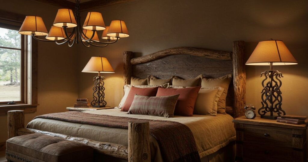Warm Lighting Fixtures Enhancing Rustic Western Bedroom Ambiance