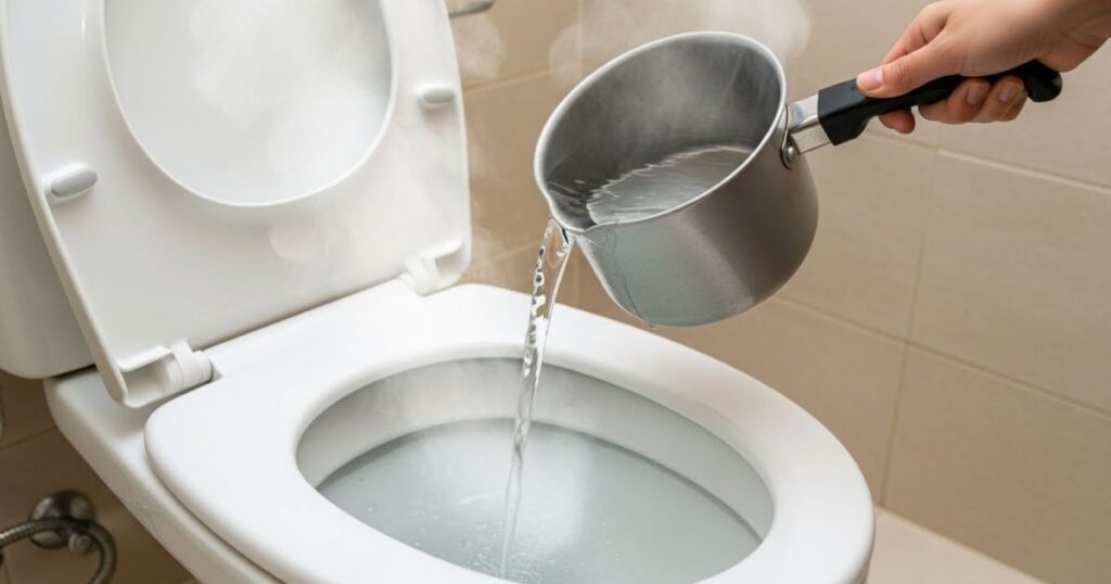 Pouring hot water into a toilet to clear a clog