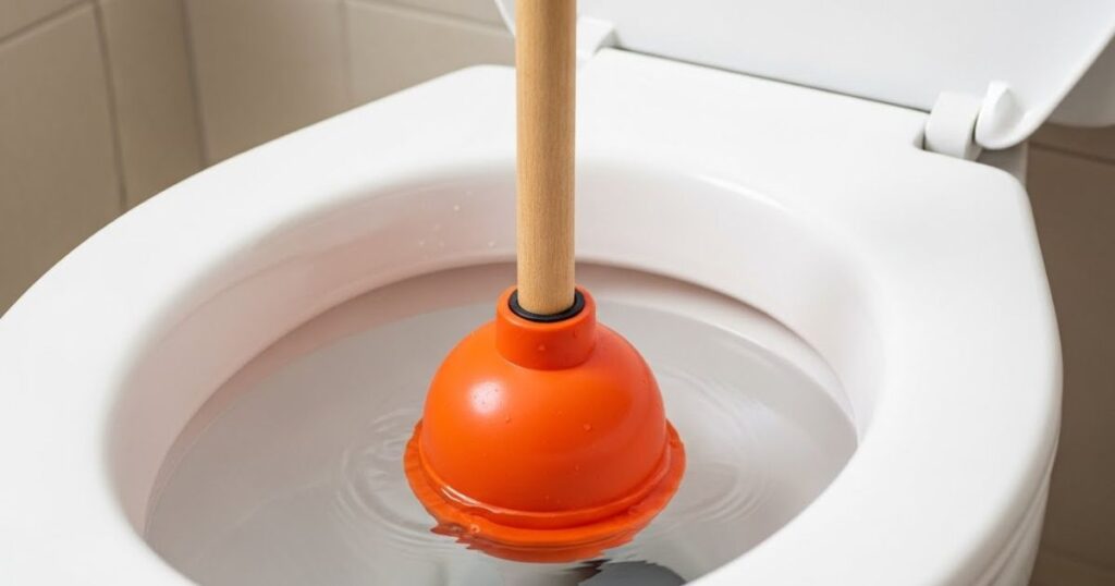 Toilet plunger positioned correctly to unclog a toilet