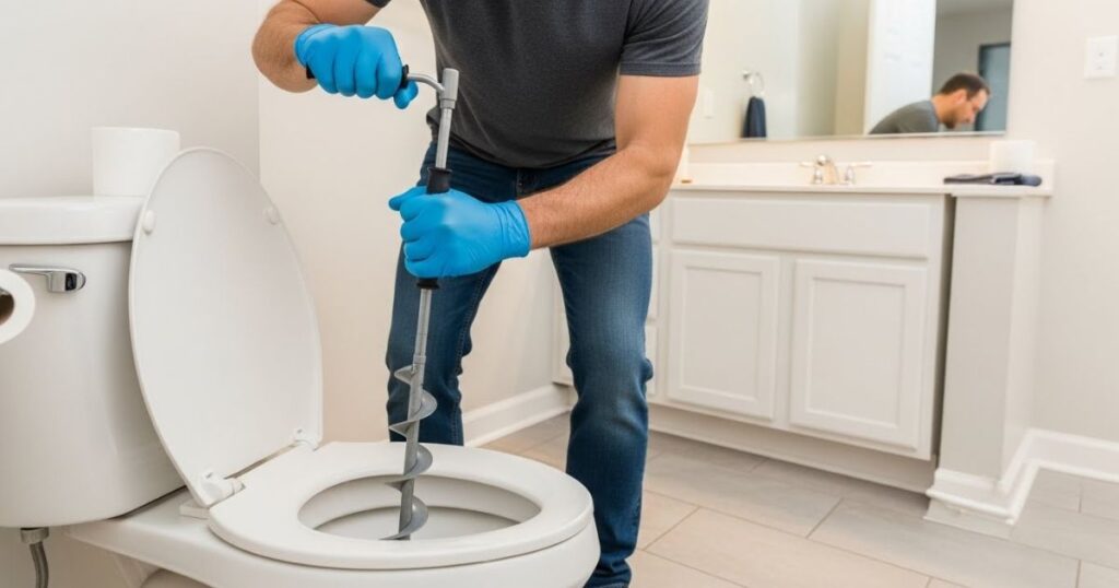 Using a toilet auger to remove a deep toilet clog