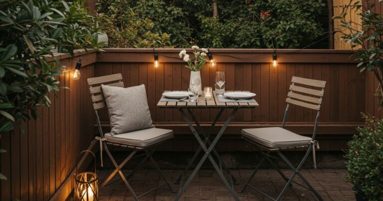 Cozy outdoor dining nook with a compact table and chairs, surrounded by plants