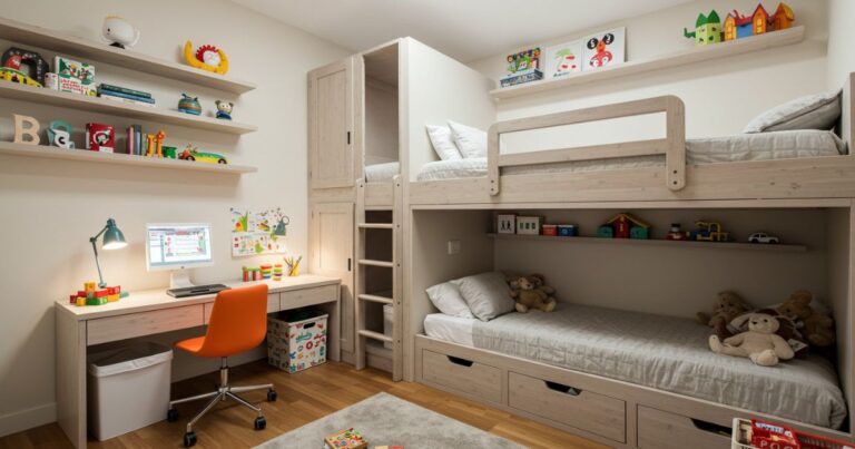 Lofted Bunk Beds with Study Nook and Play Area in Small Shared Bedroom