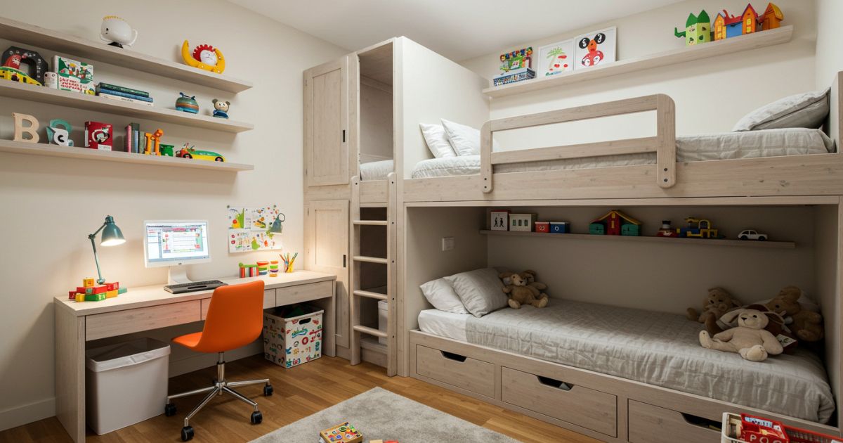 Lofted Bunk Beds with Study Nook and Play Area in Small Shared Bedroom
