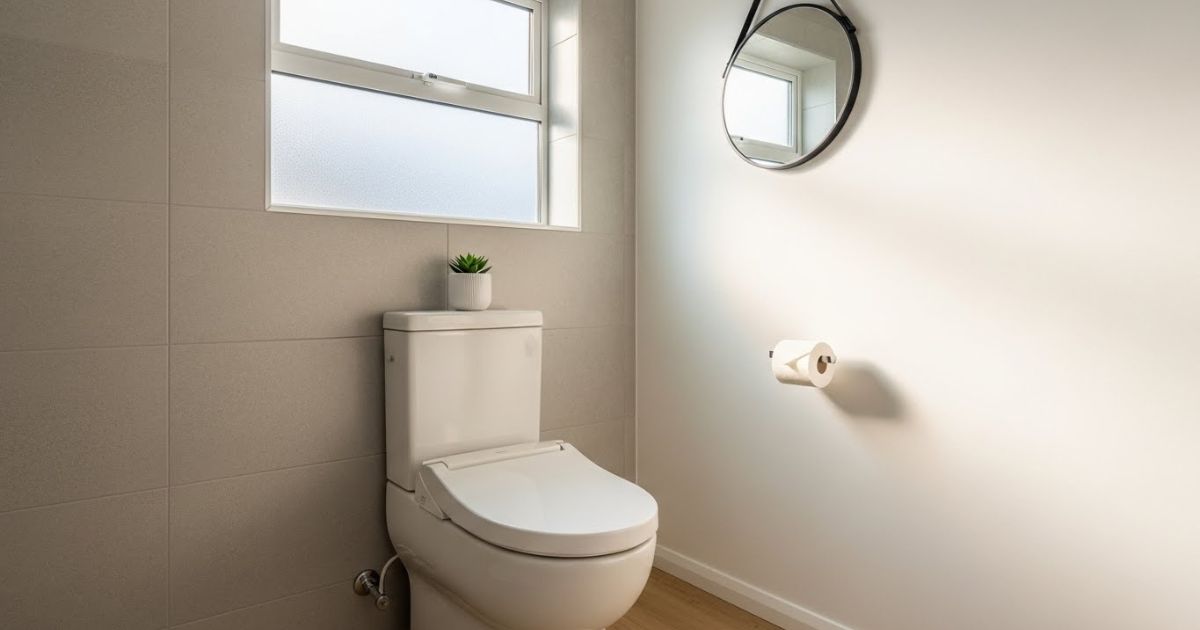 Clean modern bathroom with a standard white toilet